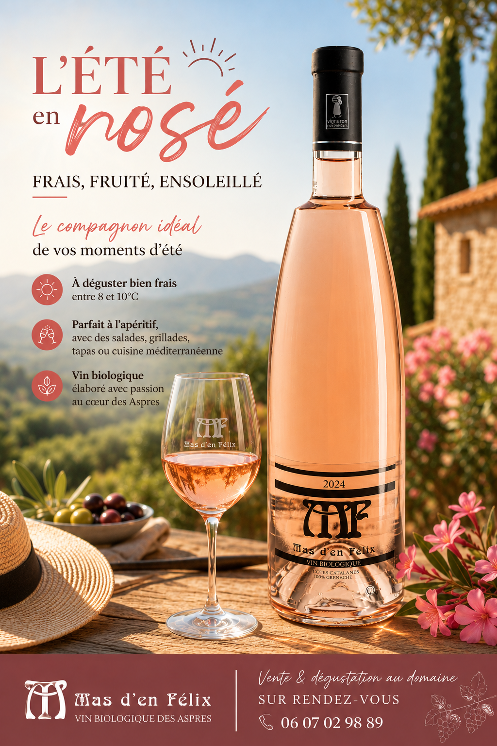 Bouteille de Rosé Bio 2024 IGP Côtes Catalanes du Mas d'en Félix dans une ambiance estivale au cœur des Aspres